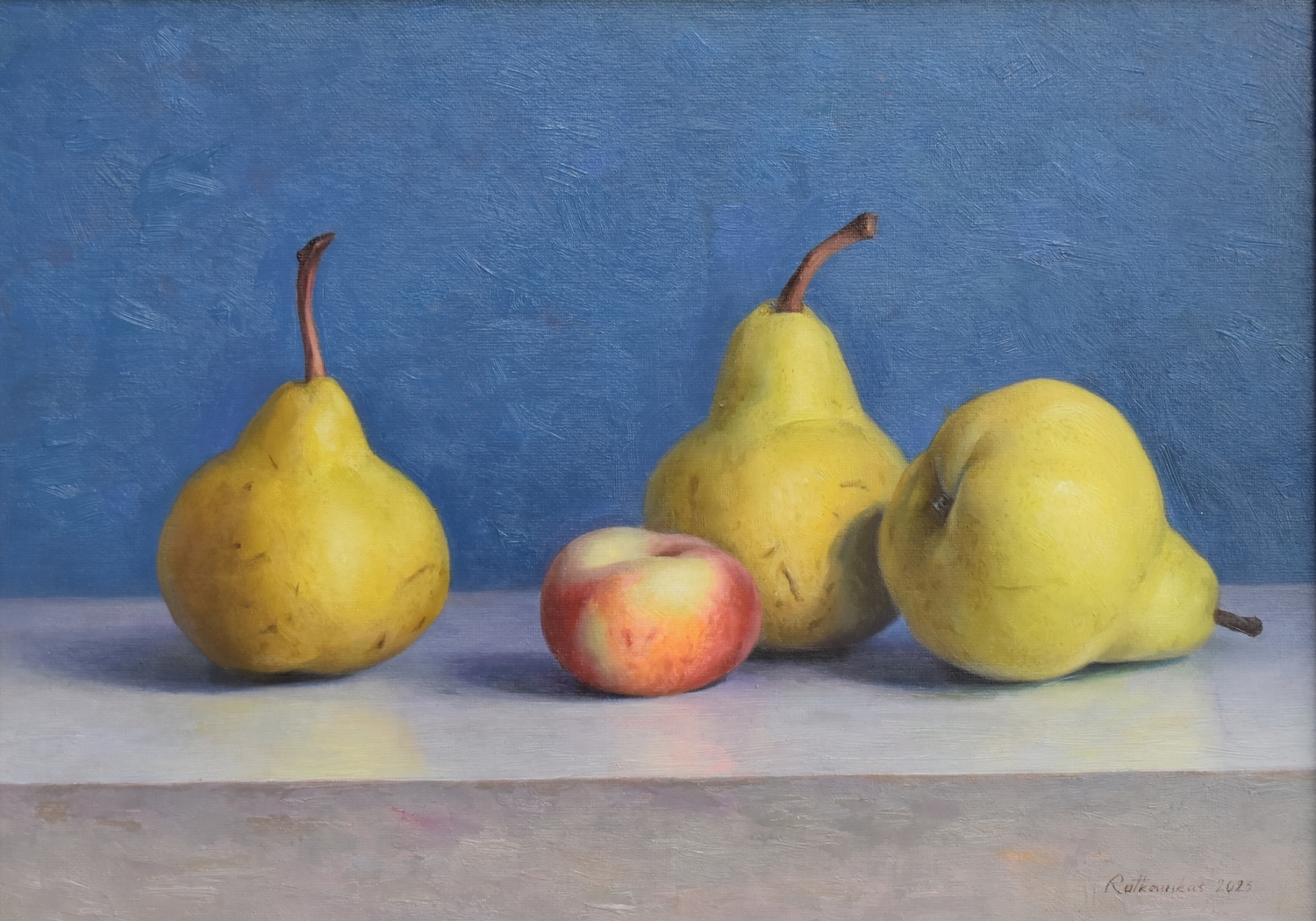 Trys kriaušės, 2023, drobė, aliejus, 30,5x42,50 cm, rėmas 37,5x49,5 cm