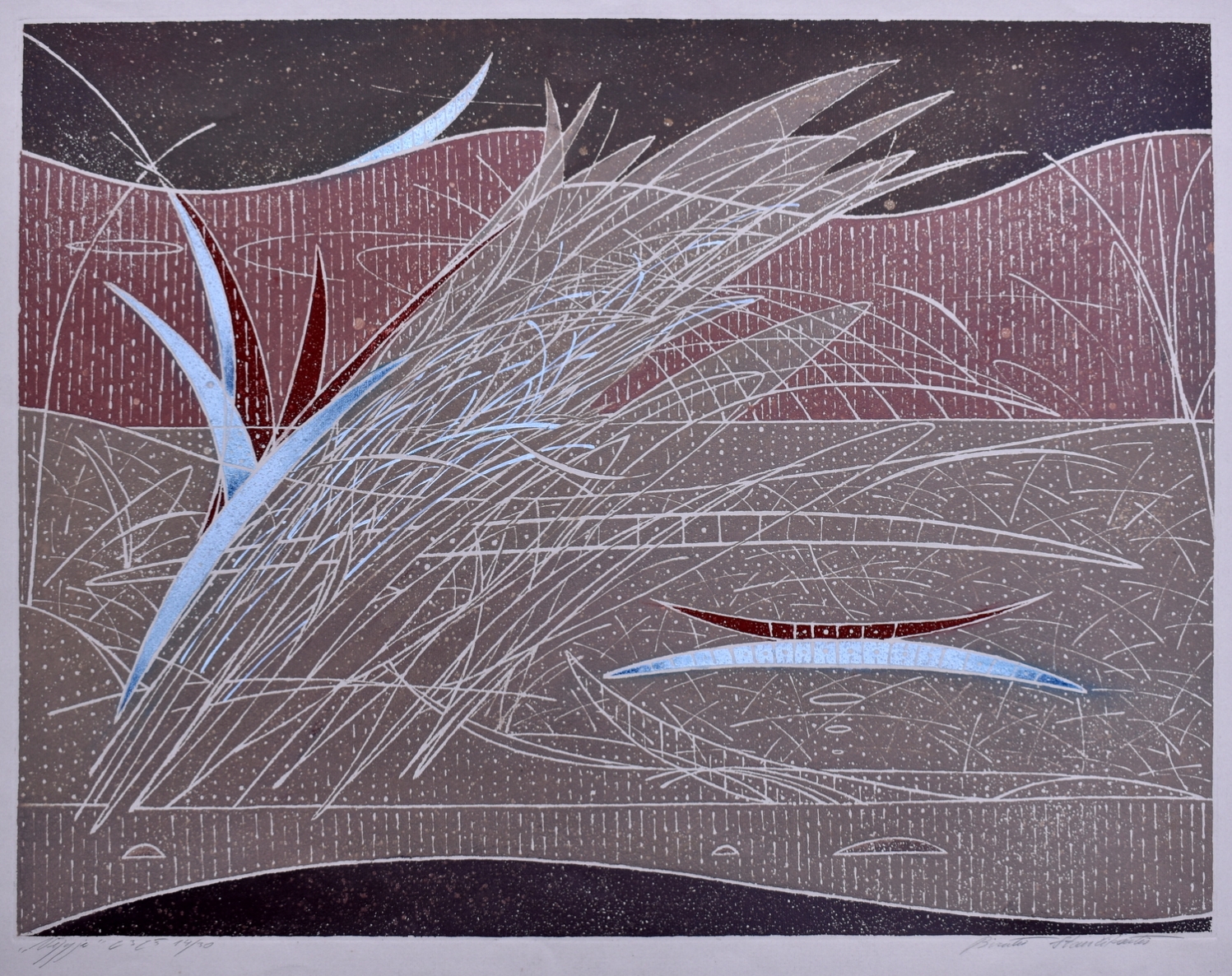 In the Wind, linocut, 49x64cm