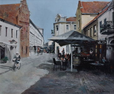 Vidudienis Vilniaus  gatvėje, 2025, drobė, aliejus, 54,5x63,5 cm, rėmas 65x74 cm