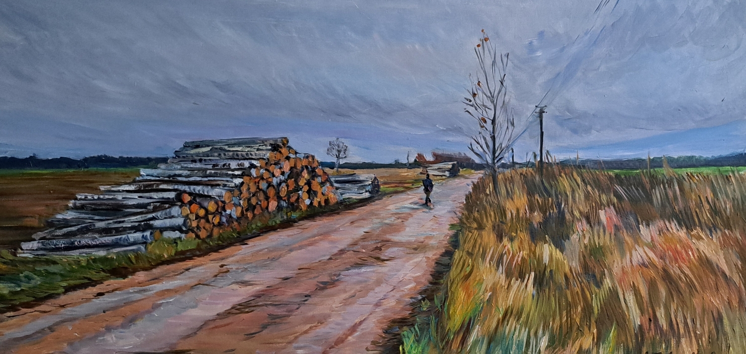 Vieškeliu link miško, 2024, drobė, aliejus, 55x110 cm
