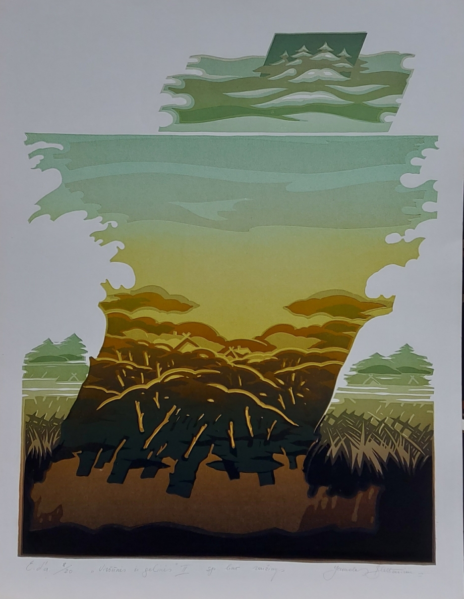 Viršūnės ir gelmės II, 1987, popierius, spalvotas lino raižinys, 56,5x40 cm, 8/20